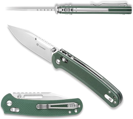 Ganzo G768-GB EDC Folding Pocket Knife Razor Sharp D2 Stainless Steel Blade G10 Handle with Clip Outdoor Foldable Pocket Knife Hunting Fishing Hiking Gear Best Gift for Men (Green)