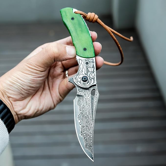 Damascus Folding Knife with Leather Sheath,3.2'' Blade Green Bone Handle Handmade Traditional Pocket Knives for Men Hunting EDC, Puppis-02G
