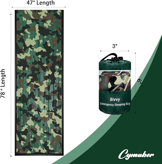 Emergency Sleeping Bag Survival Bag, Cymuber Portable Waterproof Thermal Bivy Sacks Tac Bivvy Bags,Camping Mylar Sleeping Bag Survival Gear Emergency Blankets Survival Shelter