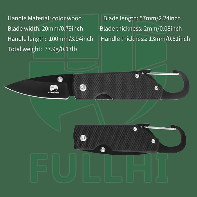 FULLHI Mini Folding Pocket Knife, 2.3" G10 Handle Small Knife with Carabiner Clip for Sharp Camping Survival Hiking Knives ,Gifts for Women Men Birthday Christmas Presents for Mom Dad Friend Gift (AK033)
