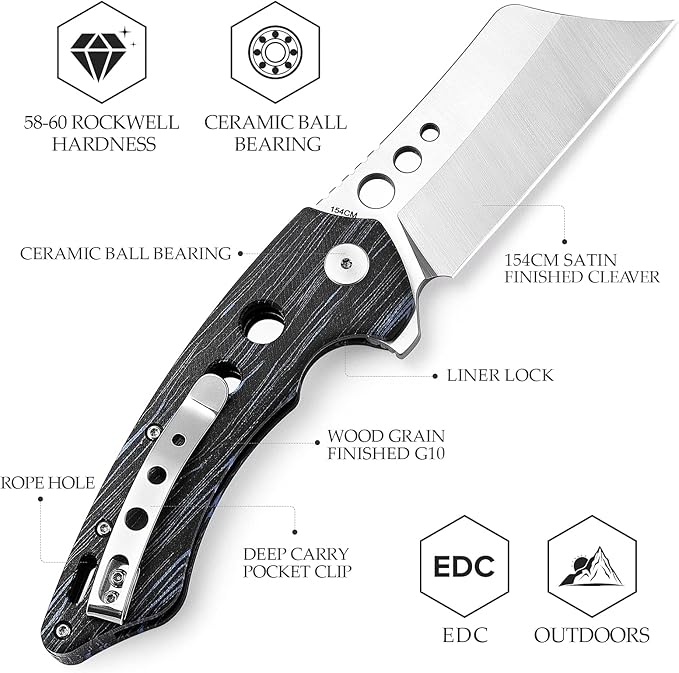 Pocket Folded Knife for Men,Clip EDC Hunting Folding Knives & G10 Handle,3.7" 154CM Steel Survival Knife for Hiking Camping,Flipper Opening,Ball Bearings Pivot,Mensae-03BB with Gift Box