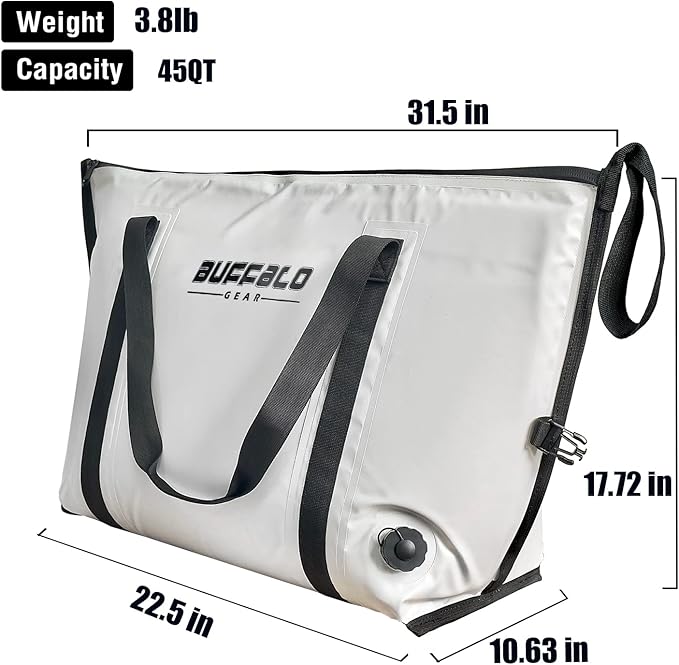 Buffalo Gear Insulated Fish Cooler - 27.5QT 58QT Waterproof Flat Bottom Bag, Leakproof and Fishing Kill Bag