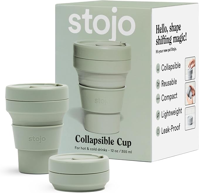 STOJO Collapsible Travel Cup - Sage Green, 12oz / 355ml - Leak-Proof Reusable To-Go Pocket Size Silicone Bottle for Hot & Cold Drinks - Camping & Hiking - Dishwasher Safe - No Straw Included