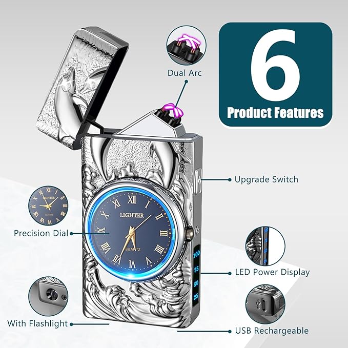 Electric Lighter Rechargeable USB Lighter Dual Arc Plasma Lighter Windproof Cool Candle Lighter with LED Battery Indicator for Candles, Fireworks, Incense (Silver Dolphin)