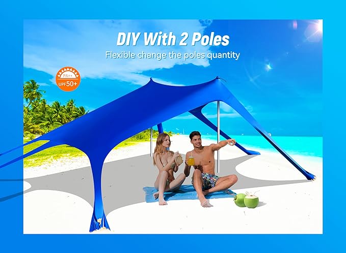 Beach Tent, Camping Sun Shelter UPF50+ with 6 Sandbags, 2 Sand Shovel, 4 Stability Poles, Outdoor Pop UP Beach Canopy for Camping Trips, Fishing, Backyard Fun, Picnics-Dark Blue