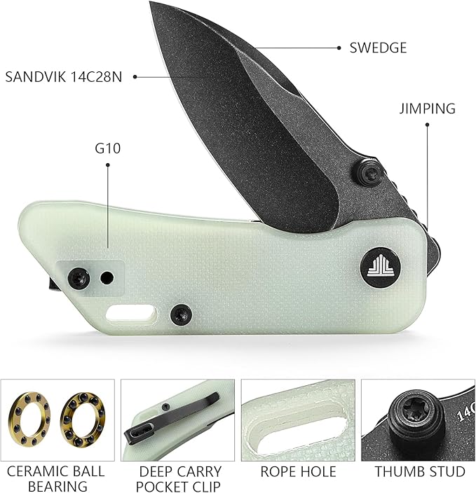 Folding Knife for EDC,2.32in Sandvik 14C28N Stainless Steel Blade, G10 Handle with Clip,Thumb Studs Pocket Knives Gift for Men,Bootes-03