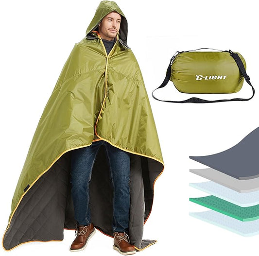 C-LIGHT Oversized Extreme Weather Stadium Blanket 81''*67'' - Wearable Hoodie - Waterproof Windproof with Multiple Layers - Perfect for Sports Events, Picnic, Camping, Beach