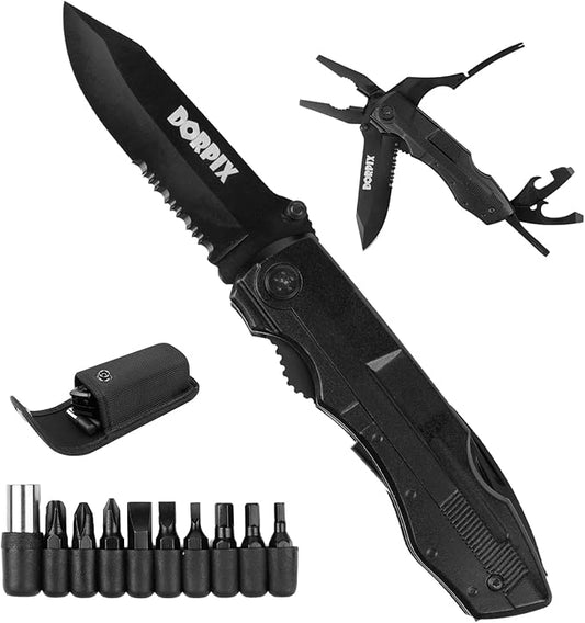 Small Pocket Knife with Pliers and Multitool - Stainless Steel Pocket Knife Set for Men - Perfect Camping and Survival Tool, Black