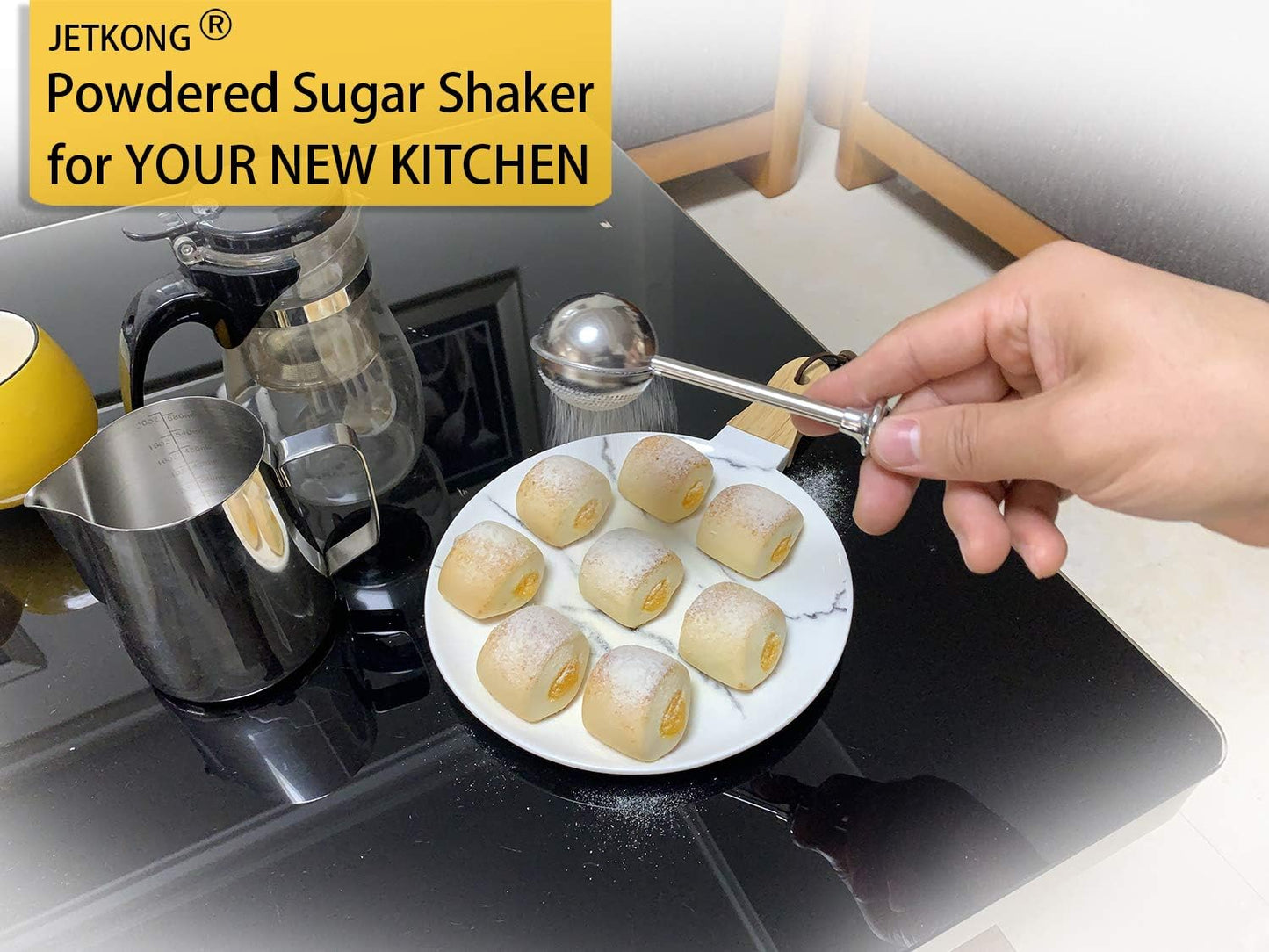 JETKONG Powdered Sugar Shaker Duster Flour Dispenser Shaker with 18/8 Stainless Steel Spring-operated Handle for Sugar Flour and Spices