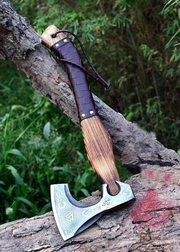 Custom Handmade Gift Viking Axe Carbon Steel Bushcrafting Axe Hunting Battle Ready Axe with Leather Sheath Camping Bearded Hatchets Blacksmith Hunting Axe (VK-Ax-1)