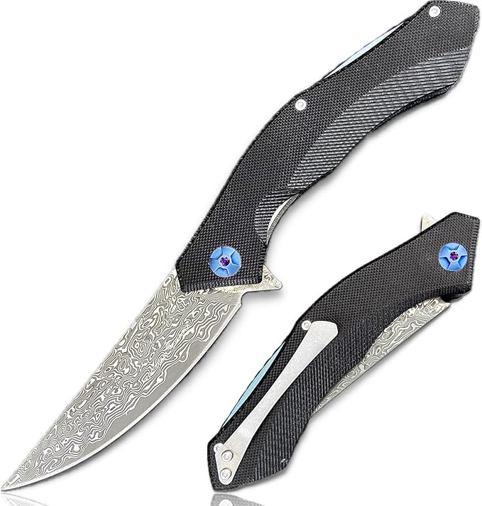 TACTICAL GEARZ EDC Damascus Pocket Folding Knife! G10 Handle! 67 Multi-Layered VG10 Damascus Steel Blade. Includes Sheath! (XT Black)
