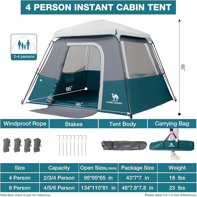 CAMEL CROWN Cabin Tent with 1-Minute Setup, 4/6 Person Instant Tent with Weatherproof Floor