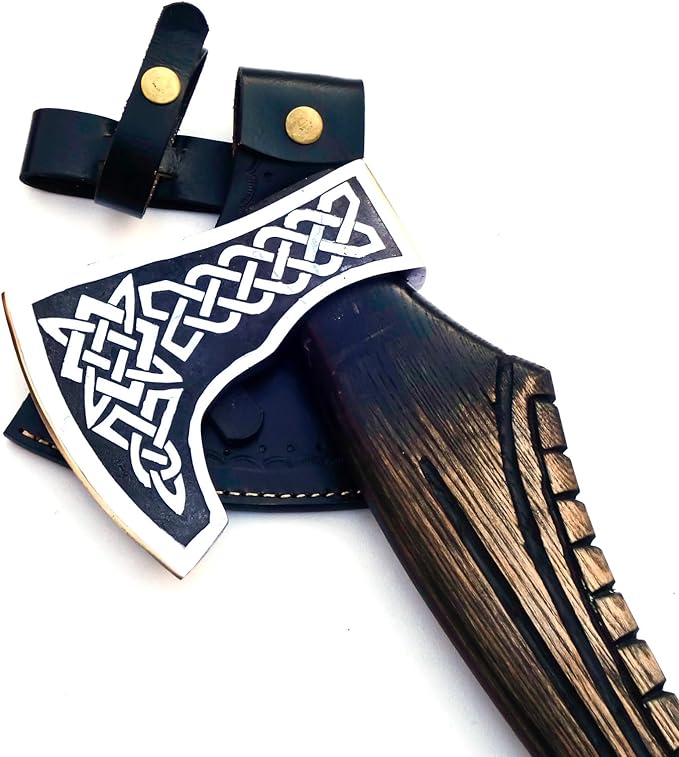 Hand Forged Vikings Axe & Damascus Steel Folding Knife Set- 21"" Carbon Steel Nordic Hatchet + EDC Knife with Sheath- Ideal for Camping, Gift for Men, Black