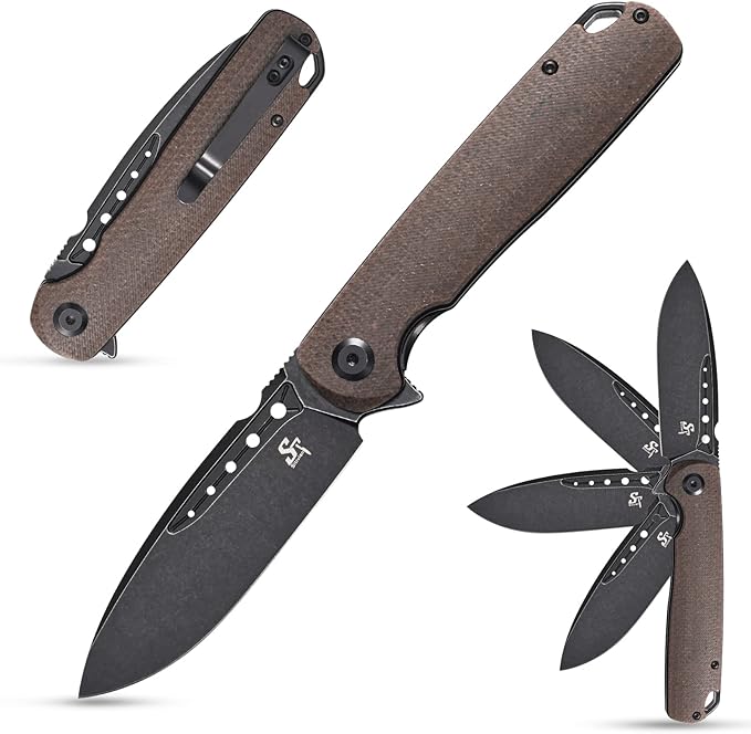 Sitivien ST131 Folding Knife,D2 Blade Micarta Handle EDC Tool Knife with Liner Lock for Outdoor Camping Hiking Fishing(Brown)