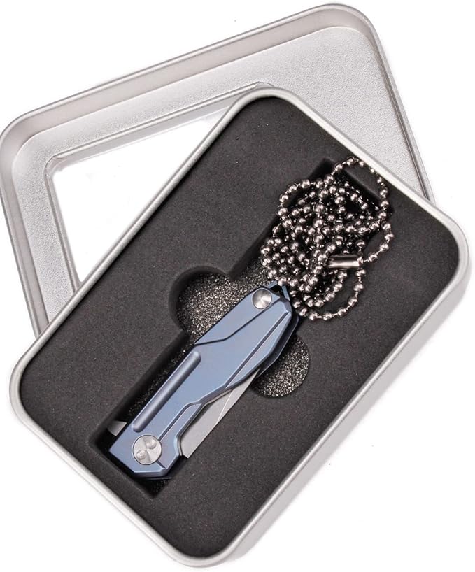 Samior HY002 Ultra Small Little Folding Pocket Flipper Knife, 1.3” D2 Damascus Blade, Blue Titanium Handle with Frame Lock, Mini EDC Keychain Necklace Knives (Blue)