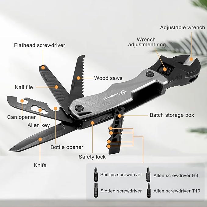 Multitool Wrench Wide Jaw Opening Camping Gear, Gift Ideas for Him,12 In 1 Small Adjustable Spanner with Screwdriver bits, Knife & Bottle Opener,Survial Tool for Home, Outdoor & DIY.