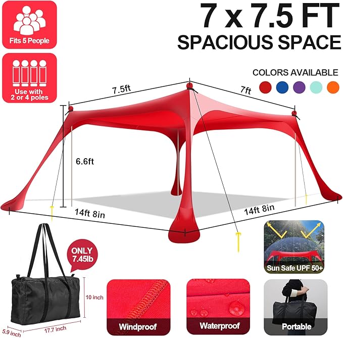 Buheco Beach Tent Pop Up Shade 7x7.5ft Beach Canopy Sun Shelter UPF50+ with 4 Foldable Poles-Portable Carrying Bag-Sand Shovel-Ground Pegs-Windproof Ropes for Outdoor Family Camping-Fishing- Picnic