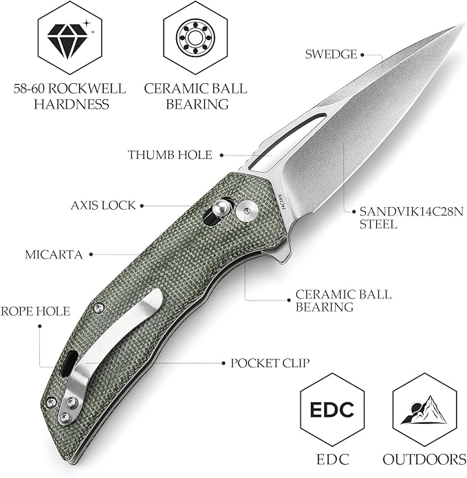 Pocket Folding knife for Men with Clip for EDC Camping Outdoor，3.38" 14C28N Steel Flipper Blade，Micarta Handle for Everyday Carry，Vela-04G