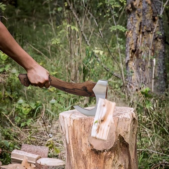 Camping Hatchet, Hatchet Axe with Leather Sheath, 15'' Bushcraft Axe with 1065 Forged Carbon Steel and Beech Handle