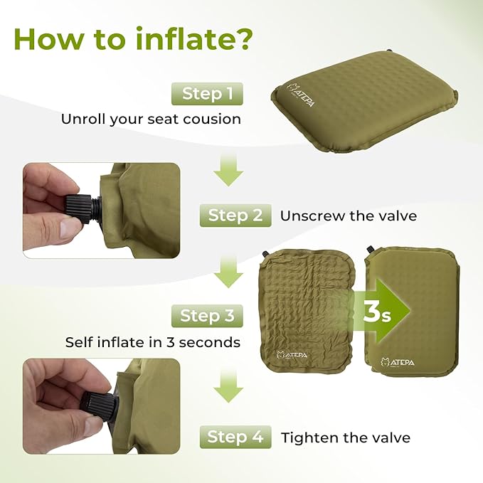 ATEPA Inflatable Seat Cushion Lightweight Self-Inflatable Memory Foam Seat Cushion for Stadium Airplane Trevel, Waterproof Portable Seat Cushion Best for Backpacking Camping Chair Pad, Olive Green