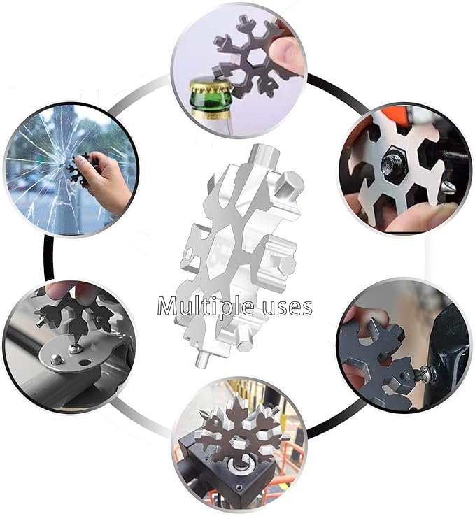 Snowflake Multitool, 1pcs Snowflake Tool Stainless Steel 18 in 1 Snowflake Multitool with Keyring and Storage Bag for Christmas Gift Men's Present(Silver）