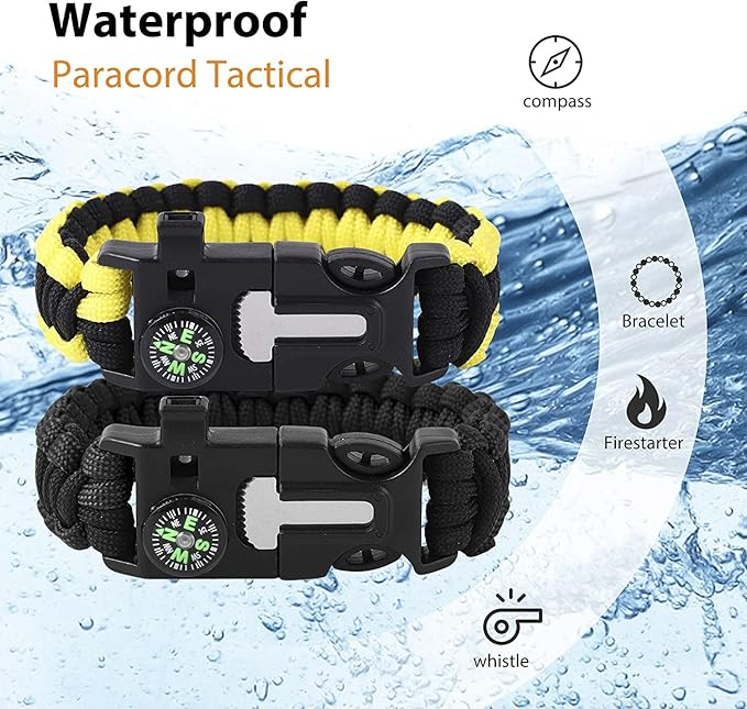 Bracelets,Survival Bracelets for Men Paracord Tactical 5-in-1 Camping Gear Kits,with 12-ft Detachable Parachute Rope,Fire Starter,Embedded Compass,Whistle&Emergency Multitools