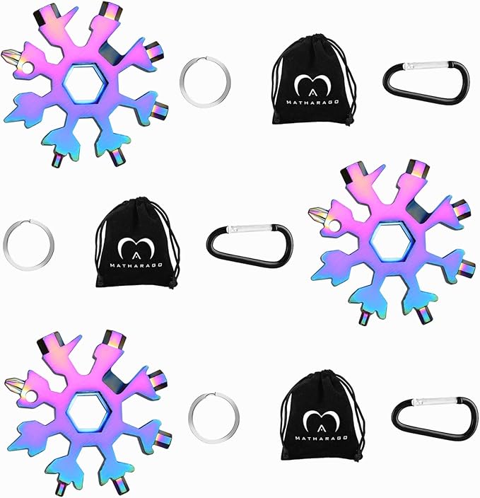 Snowflake Multitool, 3pcs Snowflake Tool Stainless Steel 18 in 1 Snowflake Multitool with Carabiner Clip, Keyring and Storage Bag for Christmas Gift Men's Present(three multicolor）