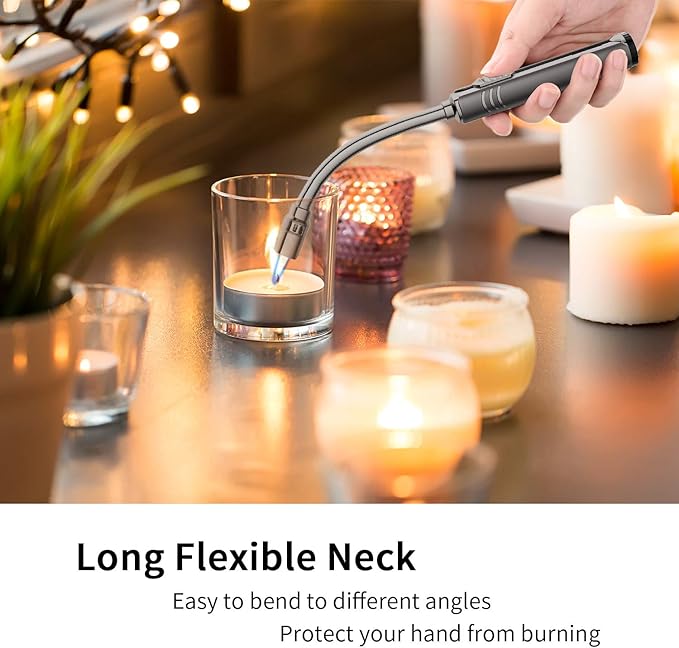 Butane Lighter Torch Long Lighter Refillable Jet Lighter Windproof Lighter with Visual Fuel Window Flexible Neck Lighter for Grill Fireplace Stove Camping Kitchen (No Butane Included) - Black