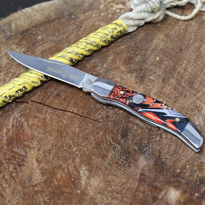 WHISKEY BENT HAT CO. Mini Hunter Folding Pocket Knife 2.75" Closed Length 440C Stainless Steel Blade (Orange Crush)