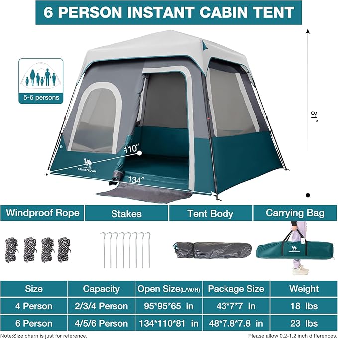 CAMEL CROWN Cabin Tent with 1-Minute Setup, 4/6 Person Instant Tent with Weatherproof Floor