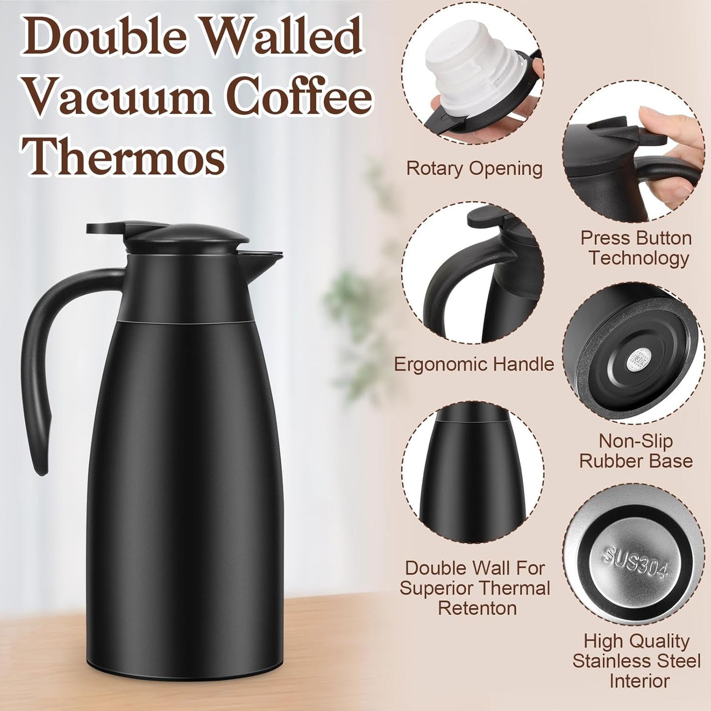 1 PCS 68 OZ Thermal Coffee Carafe, Insulated Stainless Steel Coffee Carafe Double Walled Vacuum Thermal Pot Flask with Brushes Thermos for Keeping Hot Coffee Tea Home and Office (Black)
