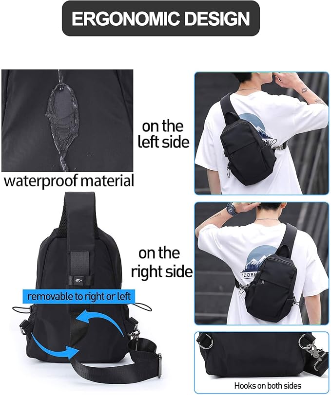 SEAFEW Small Black Sling Crossbody Backpack Shoulder Bag for Men Women, Lightweight One Strap Back Pack Sling Bag Backpack for Hiking Walking Biking Travel Cycling USB Charger Port-Nylon