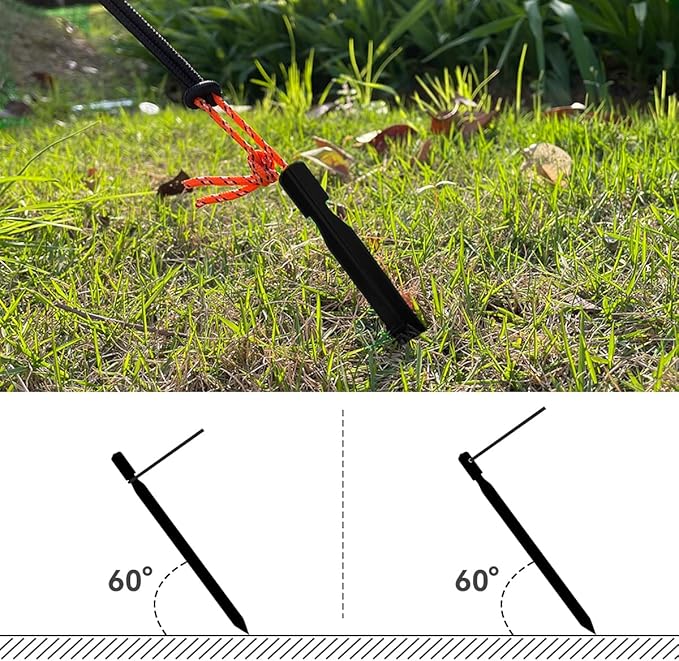 12 Pack Tent Stakes, 7-inch Ultralight Aluminum Ground Pegs with Reflective Pull Ropes, Tri-Beam Stakes in a Carrying Bag, for Camping, Backpacking, Hiking Tent, Hammocks and Canopy (Black)