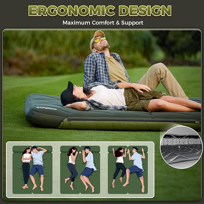 KingCamp Self Inflating Sleeping Pad for Camping Ultra Thick Double Single Foam Mattress High R Value Camping Air Pad Mat, Multi Colors & Sizes