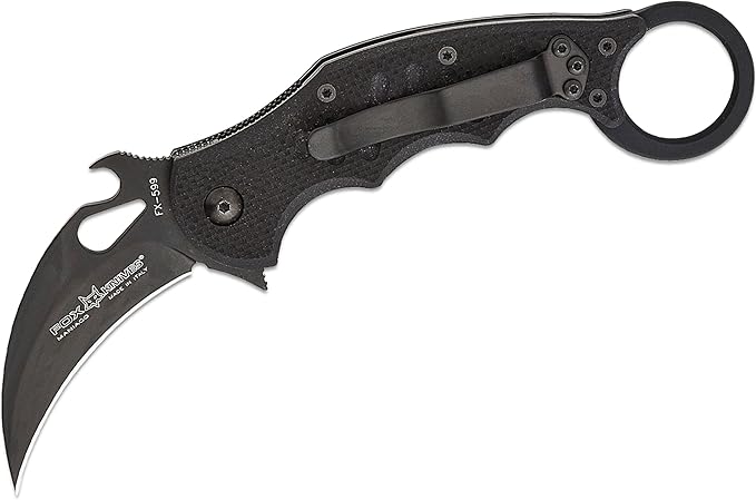 Fox Knives FX-599 G10 Black Emerson Wave Folding Karambit, Rapid One-Handed Deployment, Black Teflon Coating, Black Idroglider Blade Finish, Pocket Clip