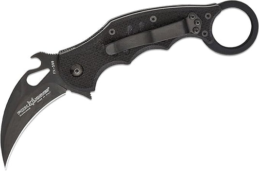 Fox Knives FX-599 G10 Black Emerson Wave Folding Karambit, Rapid One-Handed Deployment, Black Teflon Coating, Black Idroglider Blade Finish, Pocket Clip