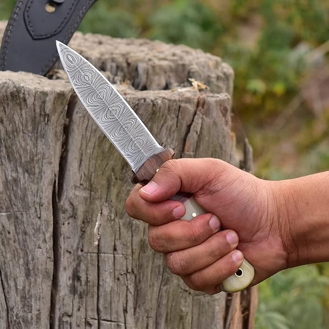 Handmade Hunting Double Edge Dagger Knife Damascus Steel Knife 8.75 Inches EDC Fixed Blade Boot Knife with Clip Leather Sheath G-508 (White Bone)
