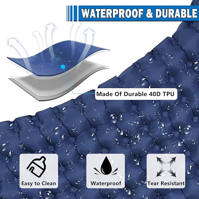 Self Inflating Camping Sleeping Pad, Built-in Foot Pump & Pillow Inflatable Camping Mat Single Air Mattress for Hiking, Camping Mattress Sleeping Pad for Camping Hiking Tent Travel