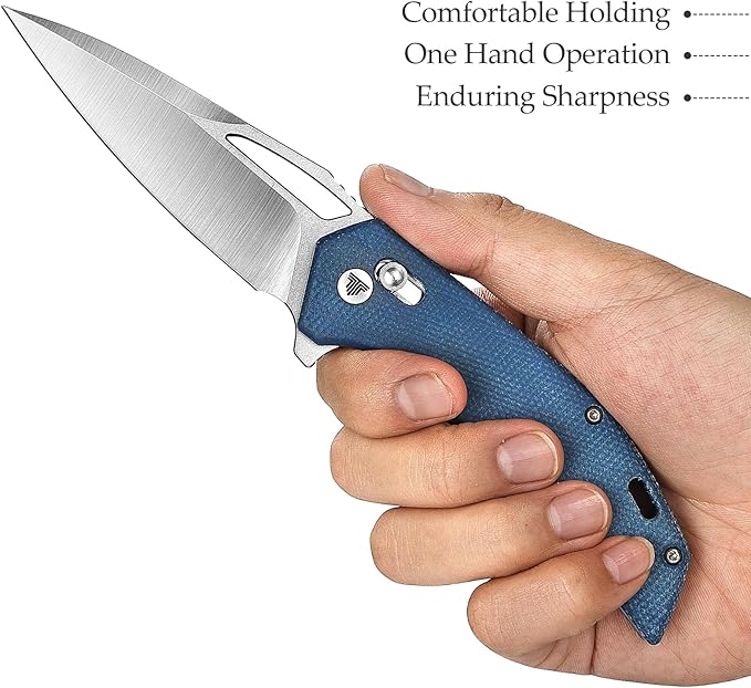 Pocket Folding Knife for Men，Flipper Knife with Clip for EDC Survival Camping Outdoor Everyday Carry，3.38" 14C28N Steel Blade，Micarta Handle，Vela-04L
