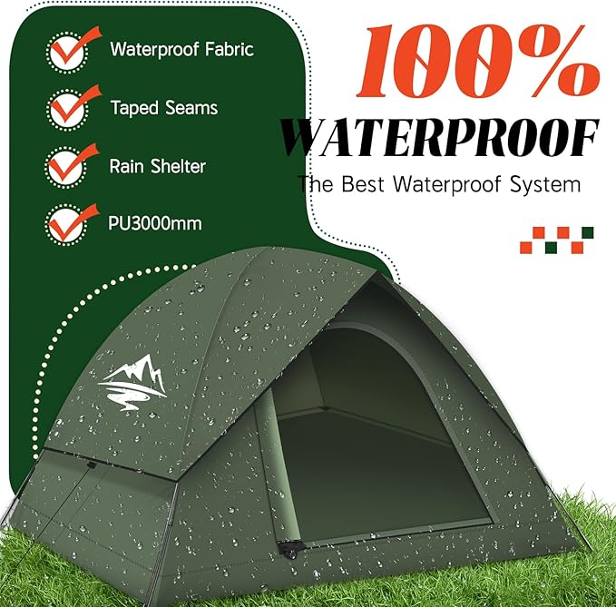 Tents for Camping 3-4 Person with Rainfly, Camping Tents 100% Waterproof Windproof, Not Crowded for 2 Person Camping Tent, Outdoor Dome Tent Easy Setup, Backpacking Tent for Adventure Backyard