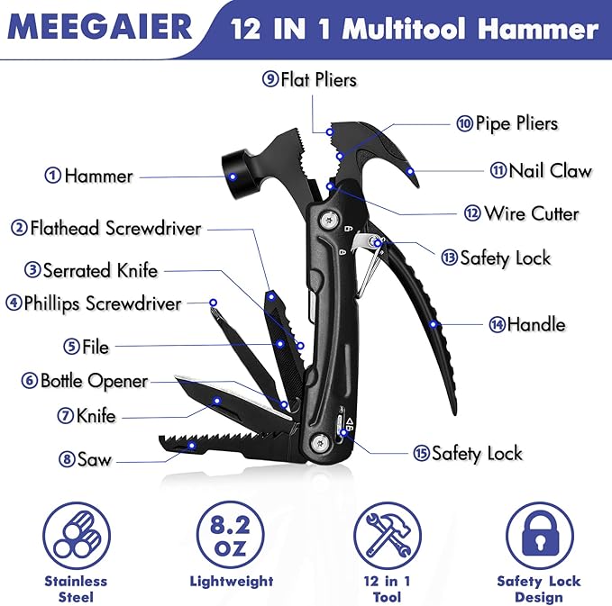 Hammer Multitool Cool Gadgets Multi Tool with Gift Box Carrying Case Birthday Stocking Stuffers Father's Day Gifts Valentines Day Gifts for Men Husband Him Camping Accessories(Black)