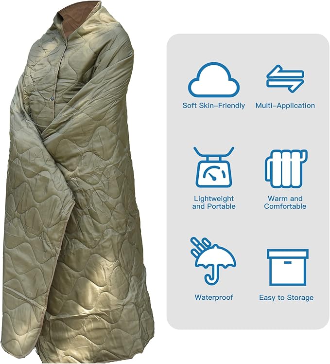 Military Poncho Liner 55”x 79” Camping Blanket Woobie Compact Waterproof for Travel Stadium Outdoor Camping