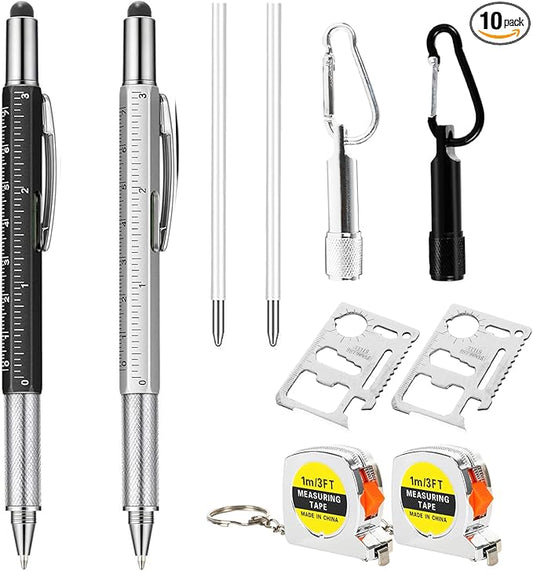 Whaline 10Pcs Multitool Pen Gift Set 2 LED Flashlight Keychain 2 Measuring Tape Keychain 2Pcs 6 in 1 Tool Pen 2 Black Pen Refill 2 Stainless Steel 11 in 1 Credit Card for Survival Camping Hunting