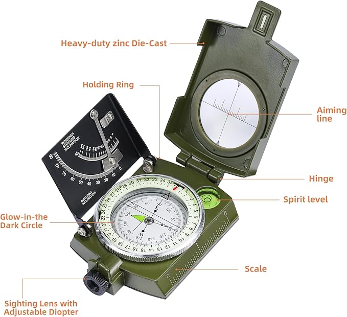 Military Lensatic Compass for Hiking Survival Camping Hunting Gifts Army Waterproof Pocket Compass for Men Magnetic Map Metal Tactical Large Navigation Tritium Compass with Mirror