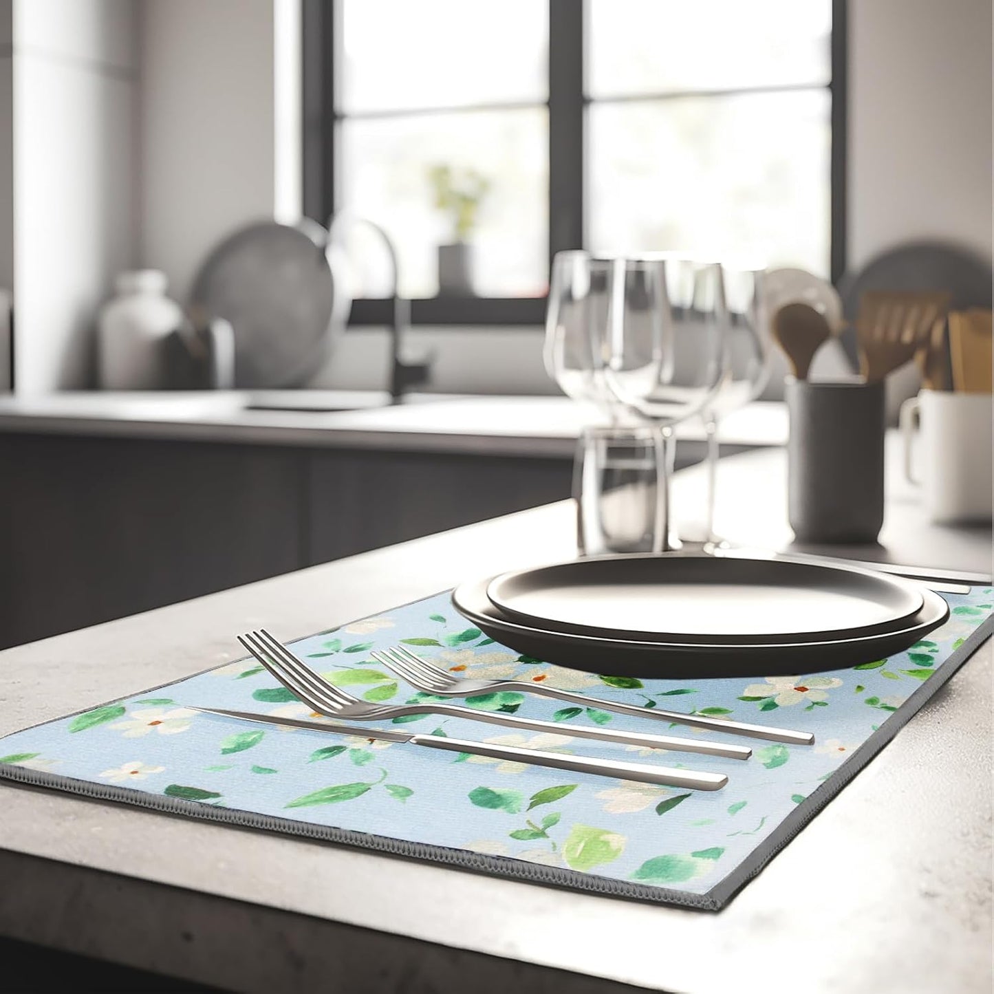 2 Pack Jasmine Dish Drying Mats For Kitchen Counter, Floral Print Dish Drying Mat - 20x15 inches, Absorbent Kitchen Counter Drying Mat, Dish Mat, Fast Drying