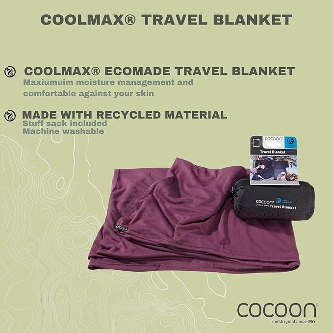 COCOON - Coolmax Travel Blanket | Compact Throw Blanket for Camping and Hiking | Fits in Backpack | Attaches to Luggage | Travel Essential | Fast Drying (Regular 70" x 55")