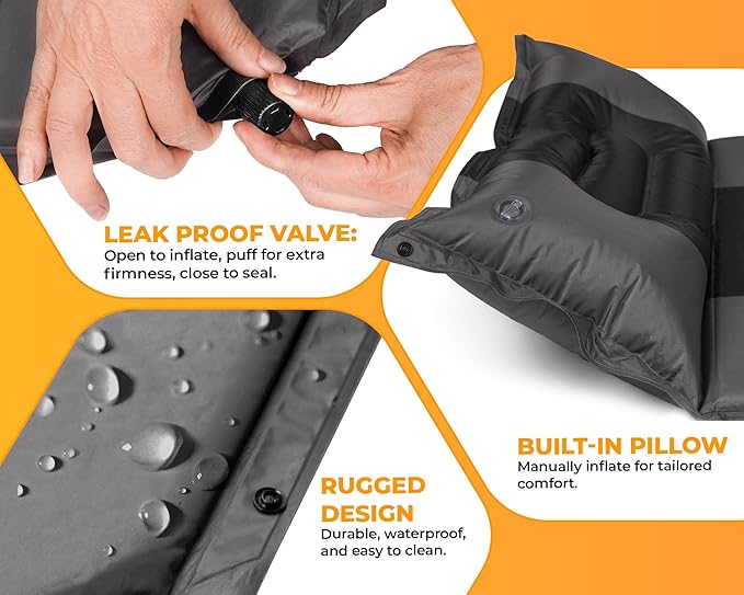 Foxelli Self Inflating Sleeping Pad for Camping, Backpacking, Hiking, Insulated Foam Lightweight Camping Mat, Inflatable Camp Mattress with Pillow