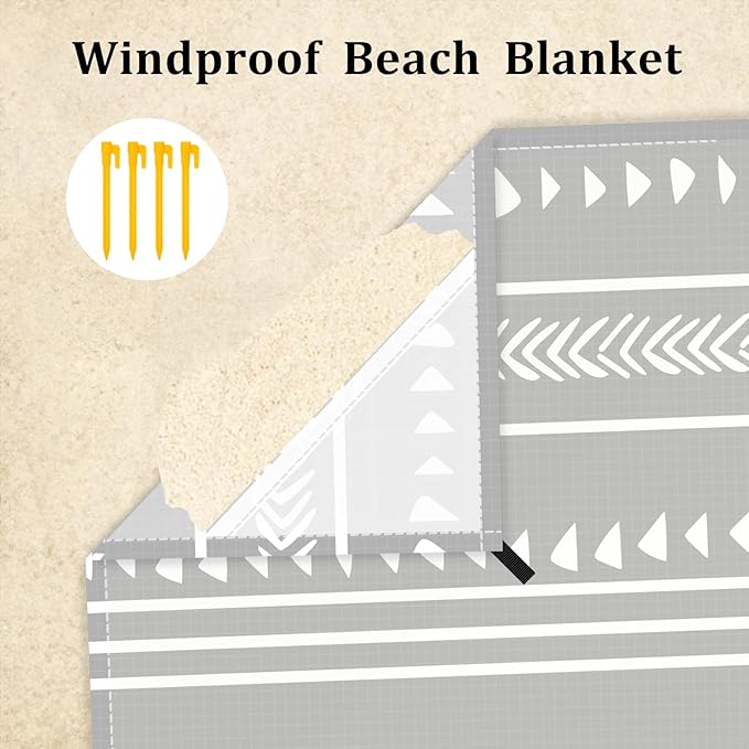 78''×86'' Large Beach Blanket for 4 Adults, Outdoor Beach Mat Sand Proof Waterproof with 4 Stakes & 4 Corner Pockets, Polyester Lightweight Comapct Grey Picnic Mat for Travel, Camping, Hiking