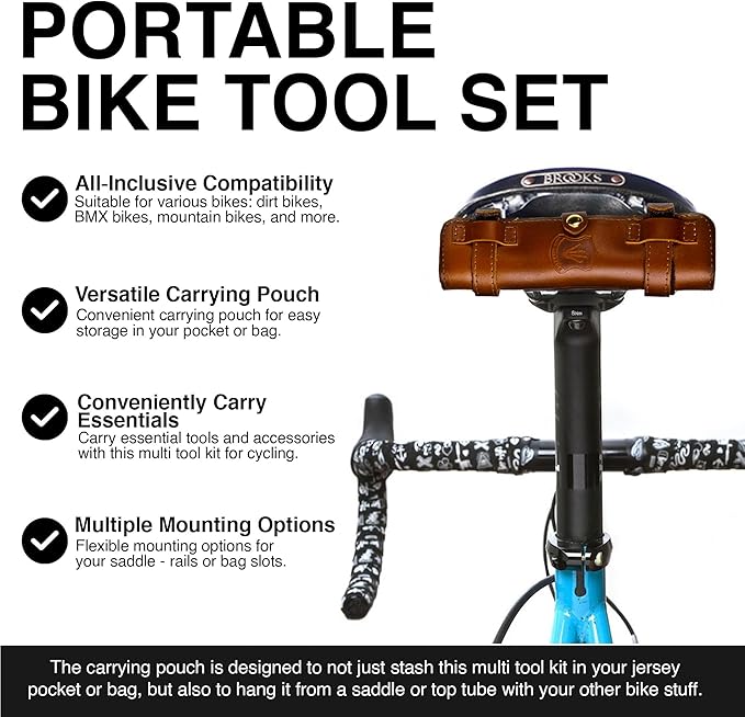 THE NUTTER All in One Bike Tool - Portable Bike Repair Kit with Cycling Multitool and Brown Leather Pouch - Specialized Bike Accessories, Bike Tools - Emergency Biking Gear for All Types of Bicycles