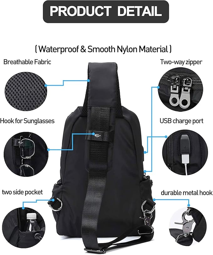 SEAFEW Small Black Sling Crossbody Backpack Shoulder Bag for Men Women, Lightweight One Strap Back Pack Sling Bag Backpack for Hiking Walking Biking Travel Cycling USB Charger Port-Nylon